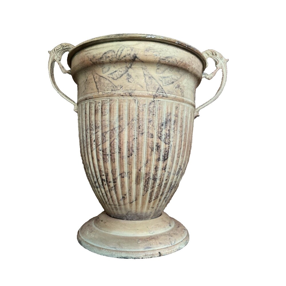 Verdis Beige Green Metal Double Handled Trophy Urn Turned Horse Head Vase